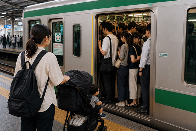 ベビーカーで電車に乗ろうとしたが、満員で乗れずホームで待つ親子のイメージ